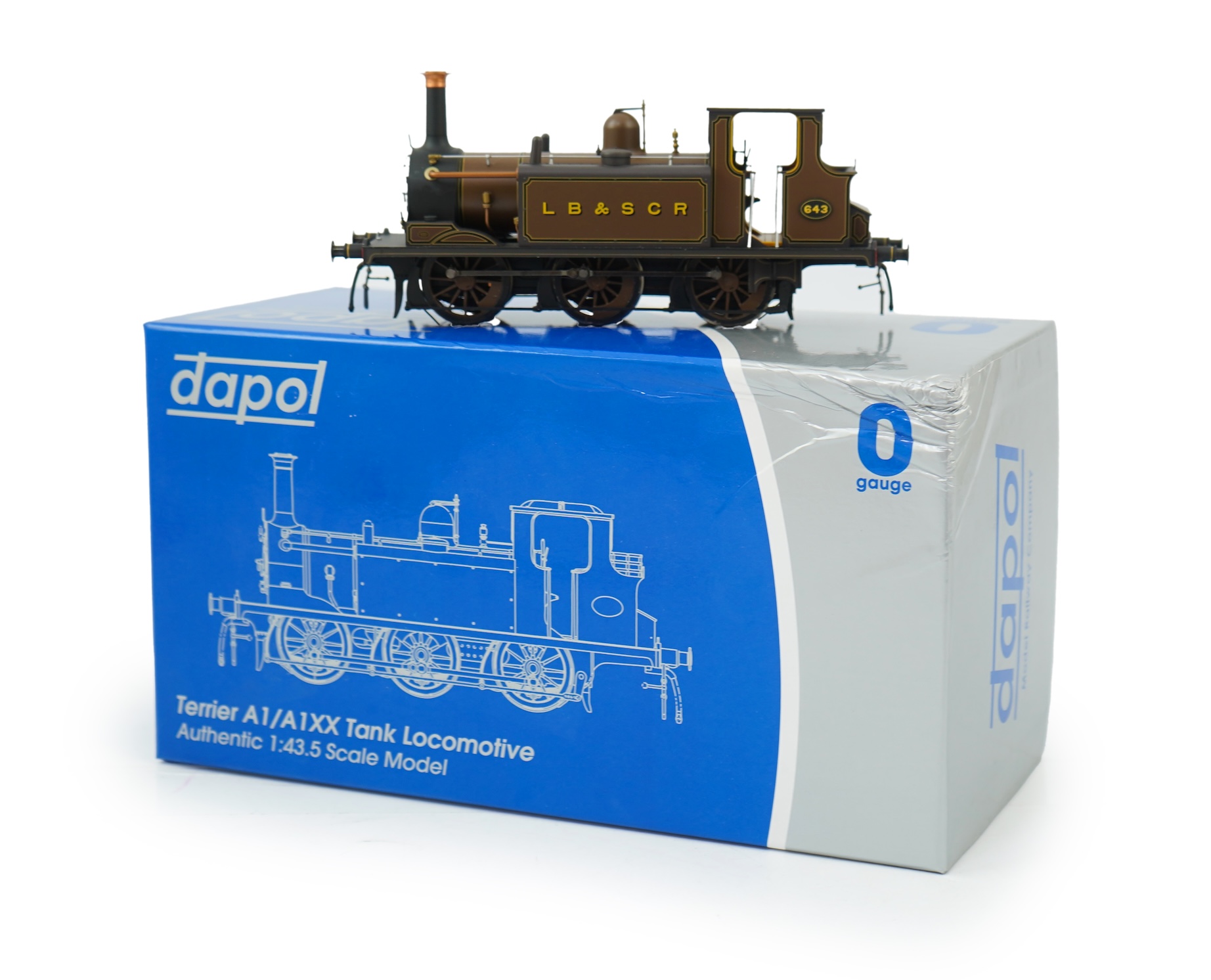 An 0 gauge Dapol model of LB&SCR Class A1, 643, 0-6-0T ‘terrier’ locomotive, powered for two rail operation, with original box and maintenance sheet.